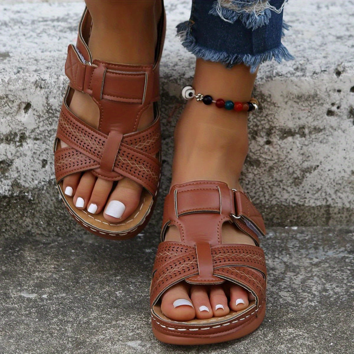 Women's Solid Color Platform Sandals, Slip On Cross Straps Casual Wedge Retro Shoes, Summer Versatile & Comfy Shoes