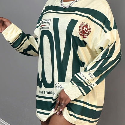 Plus Size - This Plus-Size Women'S American Street Style Long-Sleeve Top Features a Large 'LOVE' Letter Print That Is Eye-Catching. with Text And Stripe Elements, It Exudes a Strong Sense of Fashion. The Loose Fit Is Friendly