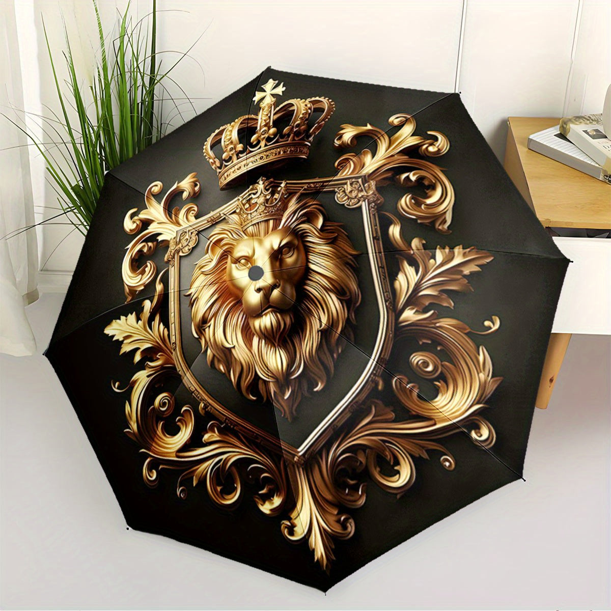 Automatic Open/Close Umbrella with Lion Crown Design - Luxury Black & Golden collapsible umbrella, 8-Rib sturdy frame, Automatic Folding for Travel, Formal Events - Regal Gift for Birthday, Christmas, Special Occasions, Every