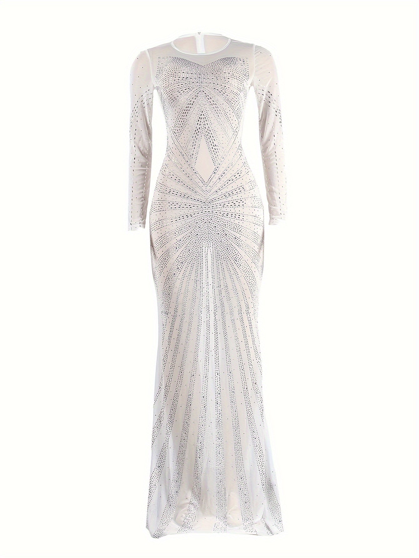 Long Sleeve Maxi Dress - Elegant Sheer Mesh with Rhinestone Detail - Bodycon Fit for Women - Perfect for Spring/Summer/Fall