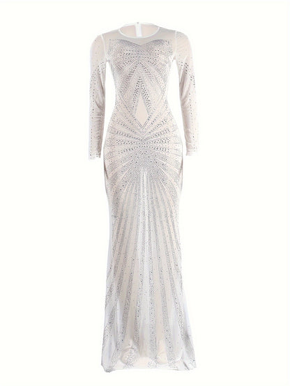 Long Sleeve Maxi Dress - Elegant Sheer Mesh with Rhinestone Detail - Bodycon Fit for Women - Perfect for Spring/Summer/Fall