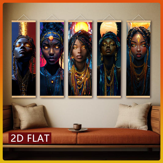5pcs African Woman Wall Art Set - Vertical Framed Cultural Panel Paintings with Braided Hair & Traditional Attire, Modern/Classic/Art Deco Canvas Decor for Living Room, Bedroom, Office - African Heritage Gallery Artwork