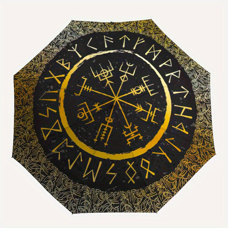 Viking Vegvisir Compass Umbrella - Cartoon Design, Portable Folding with Durable Iron Frame & 8 Ribs, All-Season Use for Home, Travel, Outdoor - Black with Golden Accents, Travel Umbrella, Outdoor Protection, Cartoon Umbrella