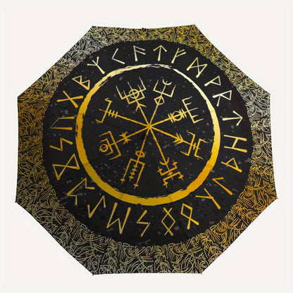 Viking Vegvisir Compass Umbrella - Cartoon Design, Portable Folding with Durable Iron Frame & 8 Ribs, All-Season Use for Home, Travel, Outdoor - Black with Golden Accents, Travel Umbrella, Outdoor Protection, Cartoon Umbrella