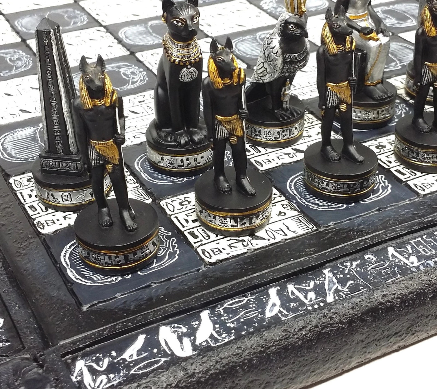 Egyptian Anubis Black Silver and Gold Chess Set w/ 16" Hieroglyphics Board – Top Trending Chess Set, Best Seller, Limited Stock, Fast Shipping, Popular Choice, Must-Have, Top Rated, Customer Favorite, Top Hot Seller, Perfec