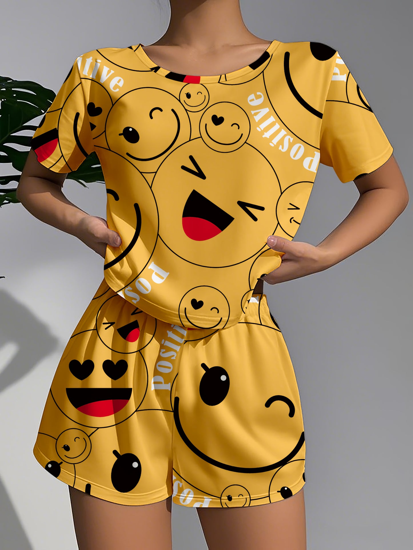 Women's Pajamas Women's Casual Sleepwear Happy Theme Patterned Pajama Set, Soft Loose Fit Short Sleeve Top with Elastic Pants, Machine Washable and Dry Cleanable, Perfect Sleeping Choice