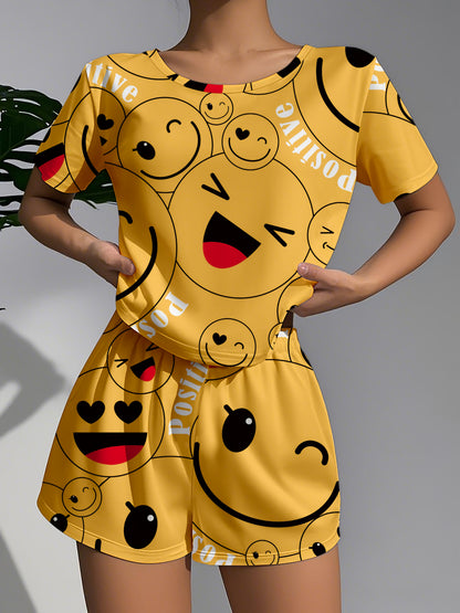 Women's Pajamas Women's Casual Sleepwear Happy Theme Patterned Pajama Set, Soft Loose Fit Short Sleeve Top with Elastic Pants, Machine Washable and Dry Cleanable, Perfect Sleeping Choice