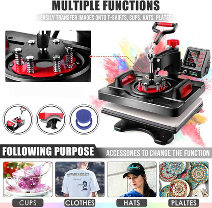 HOMDOX Upgraded 8 in 1 / 5 in 1 Heat Press Machine 15 x 12 Inch Professional Heat Transfer Machine 360-Degree Swing Away Multifunction Industrial-Quality Digital Sublimation Combo Heat Press for T Shirt Mug Hat Plate Cap for