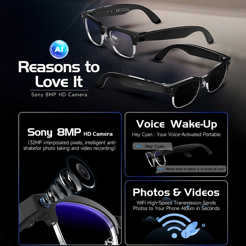 New Smart AI Glasses for Photo And Video Recording, with 800W Pixel Ultra-wide Camera, High-definition Video 1080P, Anti-shake for Photography And Video, Blue Light Blocking, Dual-mic Noise Reduction, AI Voice Control, Wi-Fi