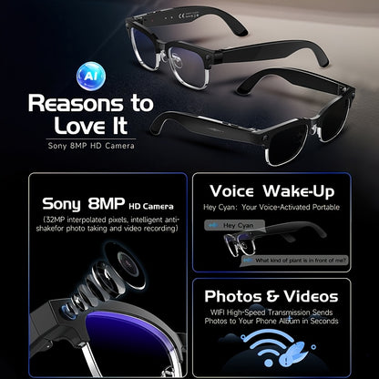 New Smart AI Glasses for Photo And Video Recording, with 800W Pixel Ultra-wide Camera, High-definition Video 1080P, Anti-shake for Photography And Video, Blue Light Blocking, Dual-mic Noise Reduction, AI Voice Control, Wi-Fi