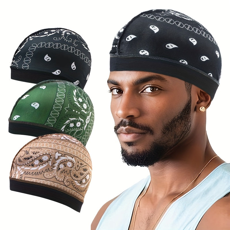 3pcs Paisley Elastic Round Hat Set, Faux Pirate Cap, Hair Loss Wig Headband for Hip-Hop Singers.Warm,Winter hat,Suitable for cold weather