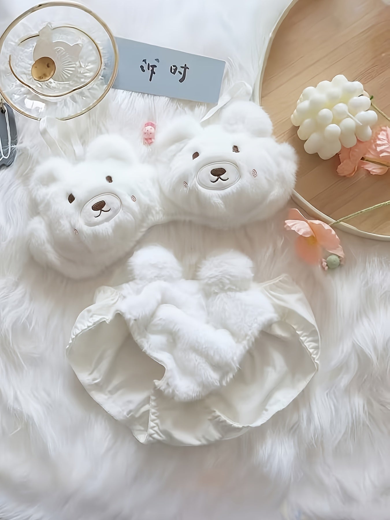 Fashionable Comfortable Cute Bra, Sweet Soft Bear Bra Plush Underwear for Women Winter Small Chest Push-Up Bra Set