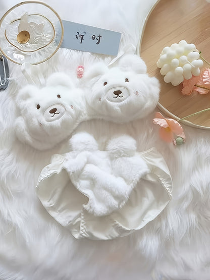 Fashionable Comfortable Cute Bra, Sweet Soft Bear Bra Plush Underwear for Women Winter Small Chest Push-Up Bra Set