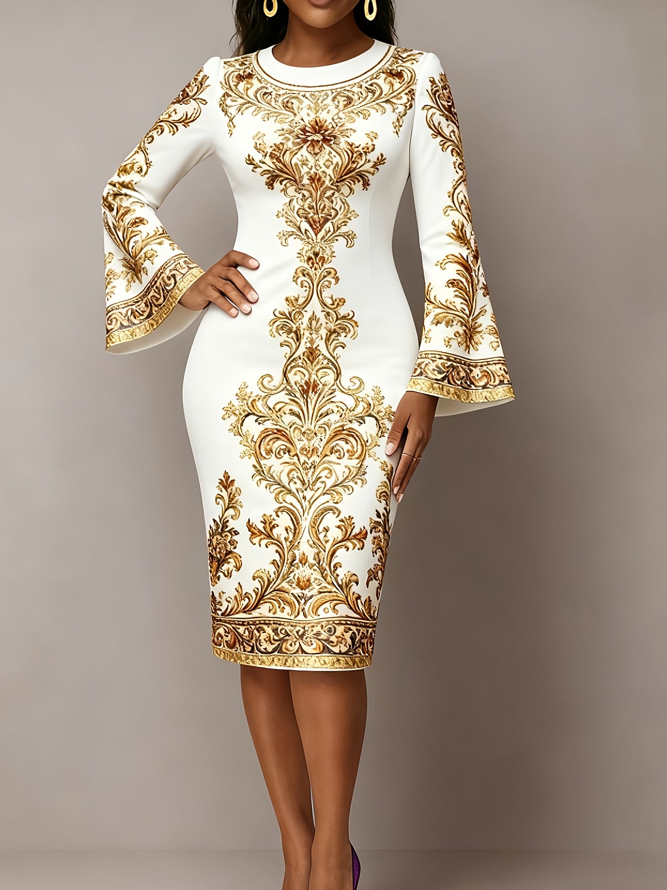Champagne Golden Premium 2D Flat Print - Not Fabric Texture, Women's Long Flared Sleeves, Hip Hugging Slim Fit, Thin Dress, Slim Fit, Comfortable Fabric, Fashion, Women's Daily Travel, Elegant Leisure, Dating Party, Mature, S