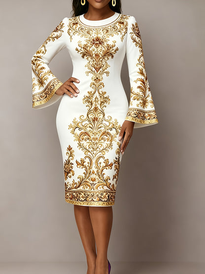 Champagne Golden Premium 2D Flat Print - Not Fabric Texture, Women's Long Flared Sleeves, Hip Hugging Slim Fit, Thin Dress, Slim Fit, Comfortable Fabric, Fashion, Women's Daily Travel, Elegant Leisure, Dating Party, Mature, S