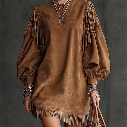 American Vintage Fashion Fringe Women's Mini Dress with Round Neck, Lantern Sleeves, and Fringe Hem for Party, Casual, Autumn Street Style, Elegant Special Edition