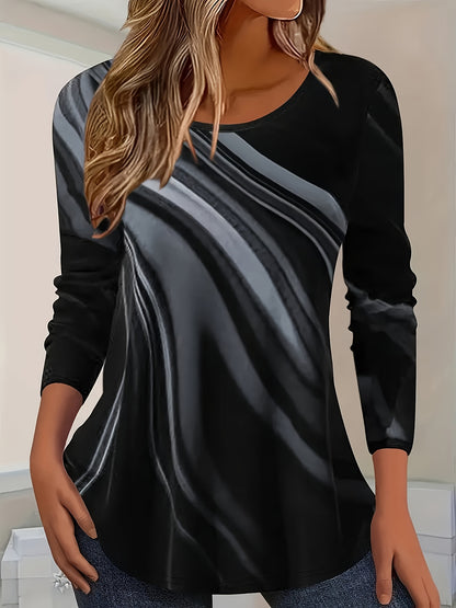 Women'S Relaxed Fit Geometric Stripe Print Round Neck Long Sleeve T-Shirt - Soft Plush Fabric, Black & Red Horizontal Stripes, Spring/Autumn Layering Essential, Casual to Semi-Formal Versatile Top, Comfortable Everyday Basic