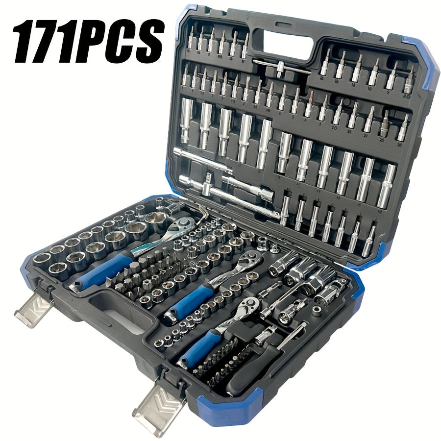 171pcs High-end Professional Tool Set, Torque Wrench, 1/2"*3/8" Drive Depth And Standard Socket, Suitable for Car And Bicycle Repair Tools, Auto Parts Repair, Home Essential