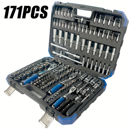 171pcs High-end Professional Tool Set, Torque Wrench, 1/2"*3/8" Drive Depth And Standard Socket, Suitable for Car And Bicycle Repair Tools, Auto Parts Repair, Home Essential