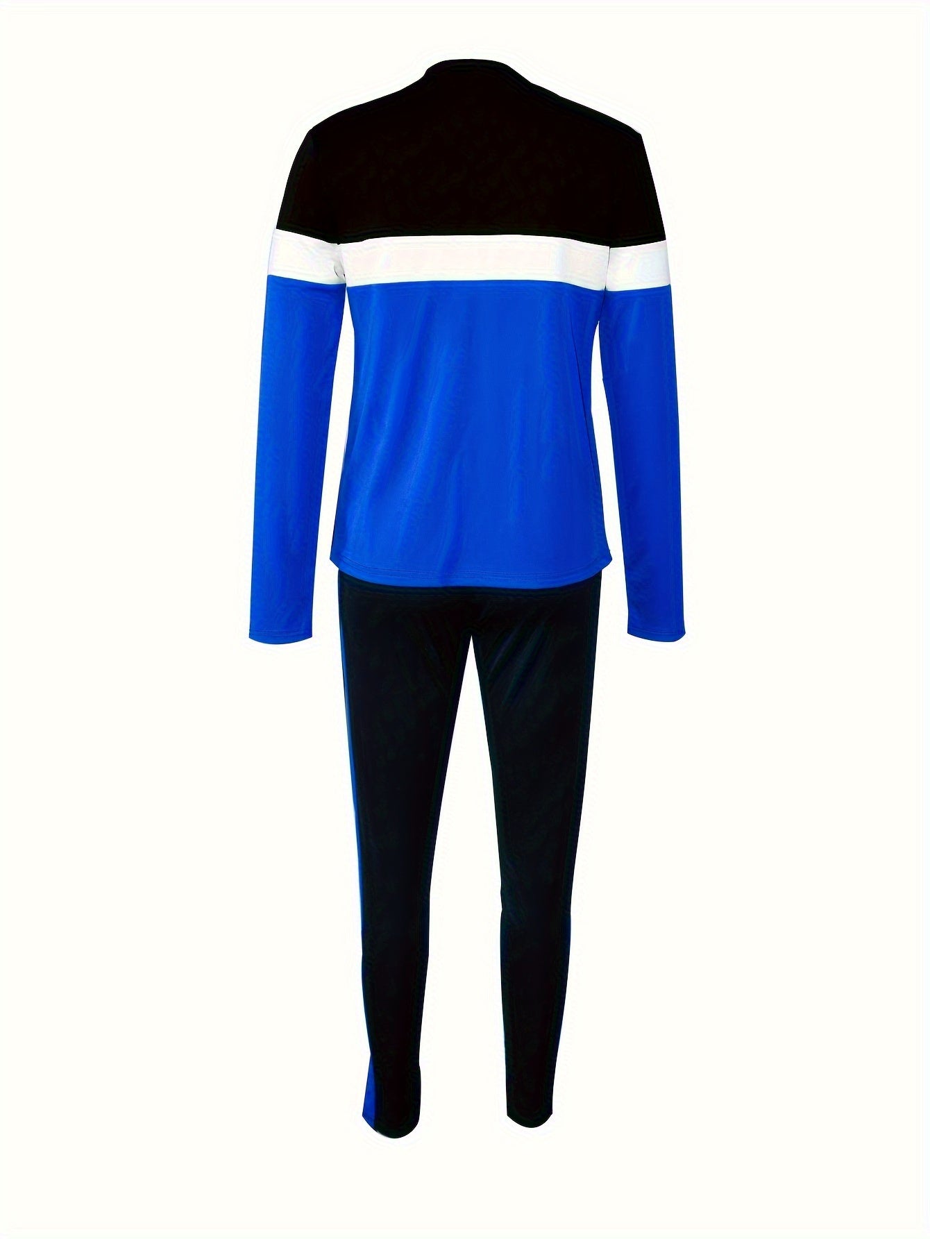 Color Block Striped Print Two-Piece Set, Round Neck Long Sleeve Top And Drawstring Pants, Women's Fashion