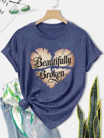 Women'S Olive Green Butterfly & Heart Print "Beautifully Broken" T-Shirt - Casual Streetwear Round Neck Short Sleeve Top, Breathable All-Season Comfort Fit for Gym, Training & Casual Attire with Motivational Slogan Design, Lo