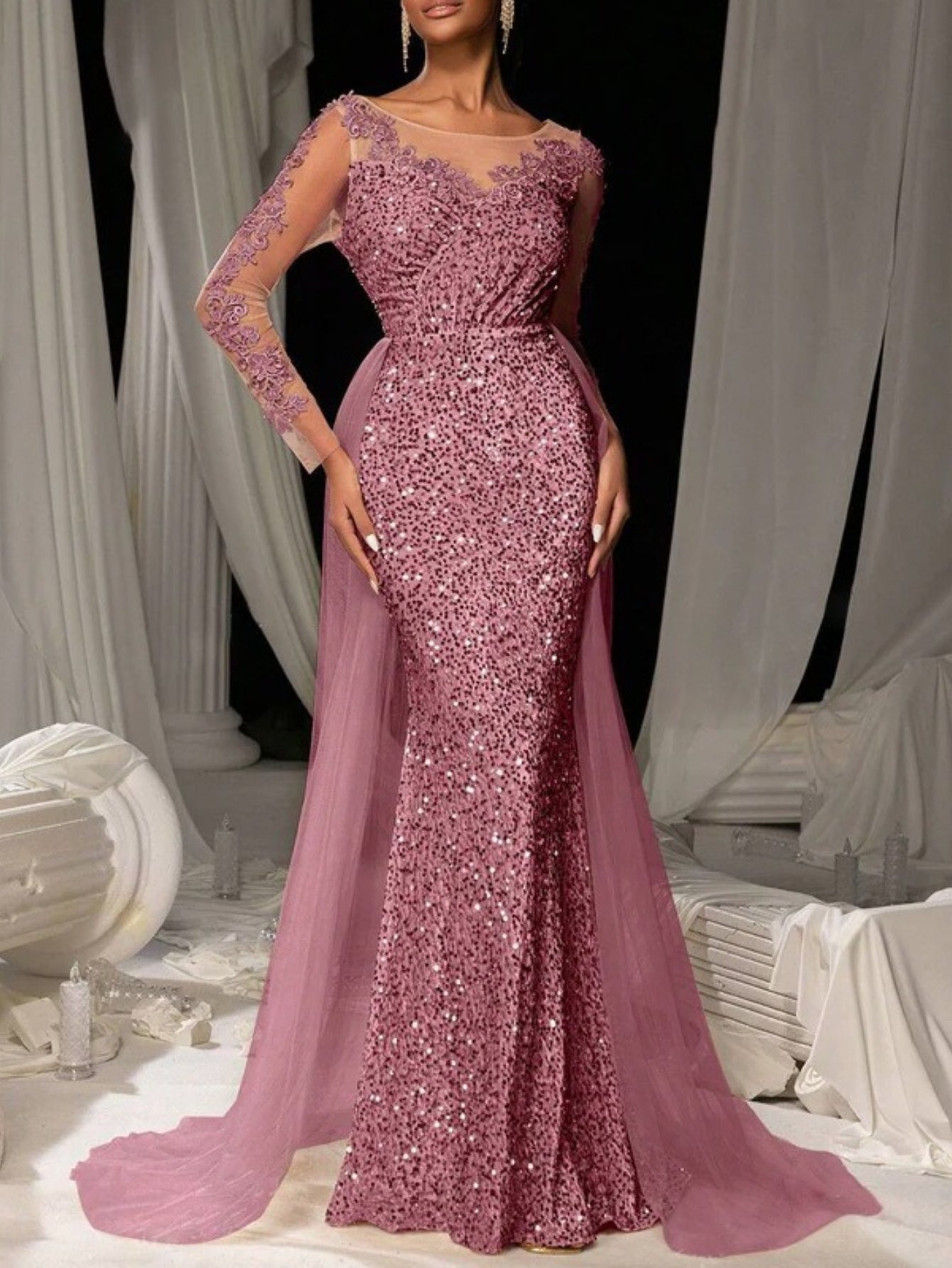 Plus Size, Women' Plus-Size Elegant Evening Gown - Long Train Wedding Dress with Lace Sleeves & Full Train, Round Neck Formal Dress for Prom, Galas, Balls - Luxury Formal Wear (Hand Wash/Dry) - - Wedding & Special Occasion Dr