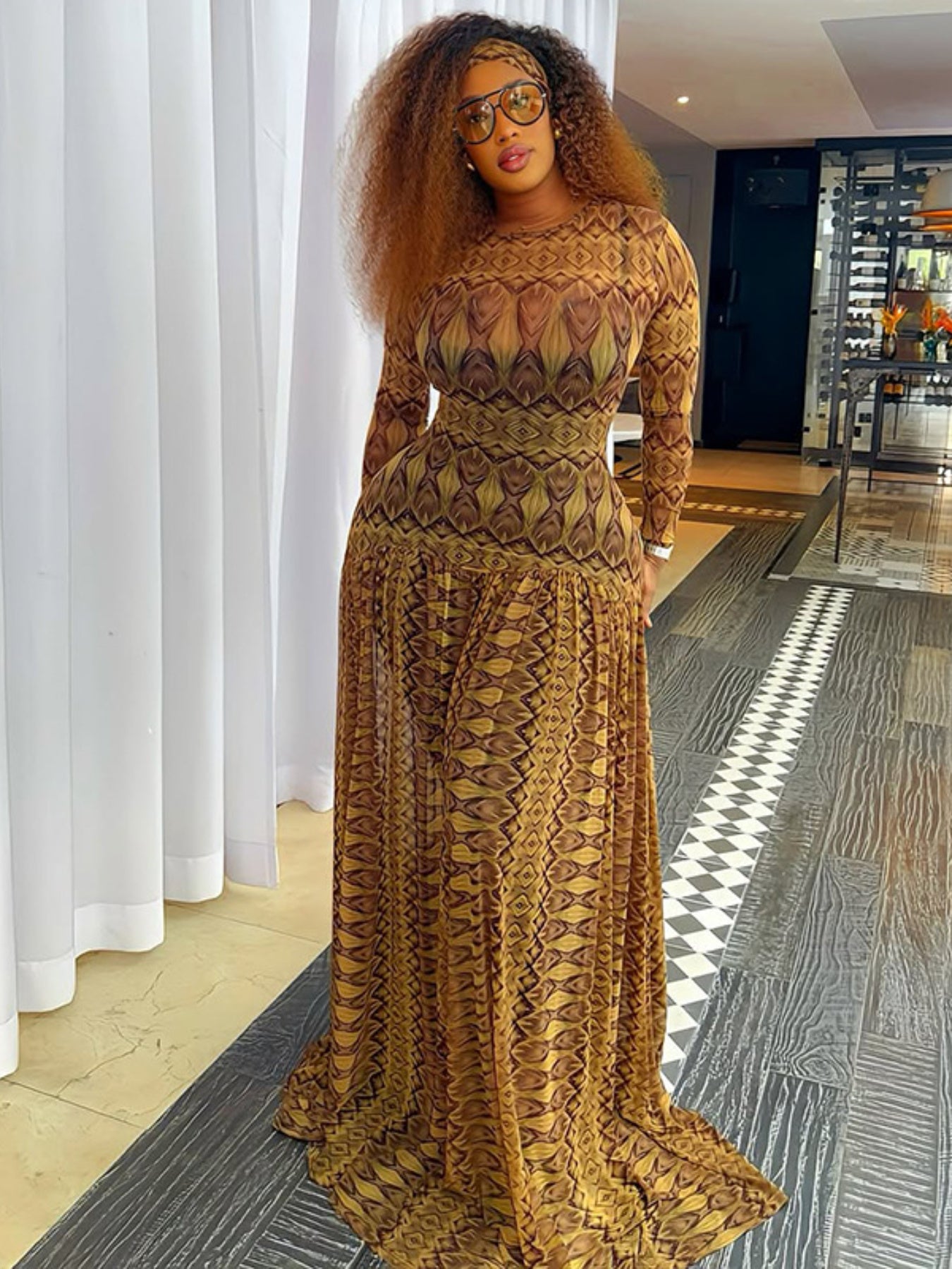 Maxi Dress - Regal Golden and Brown Patterned with Long Sleeves | Elegant Crew Neck - Fitted Style, Perfect for All Seasons, Ruffle Details, by SCACTO