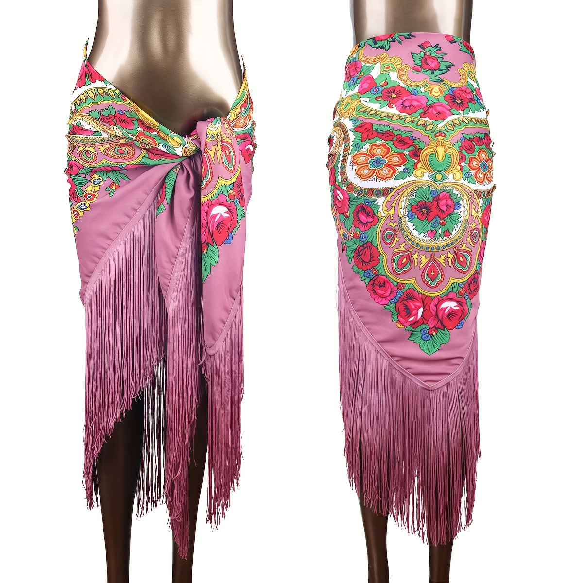 Women'S Luxury Boho Floral Fringe Hip Scarf - Elegant Belly Dance Wrap Skirt & Shawl with Tassel Hem, Vibrant Red Color Options, Multicolor Printed Bohemian Style for Beach, Festival, Party, Travel - Versatile Sarong Cover Up