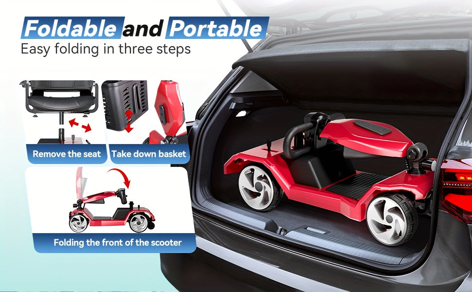 Foldable 4-Wheel Electric Scooter for Seniors with 16-Mile Range, 250W Motor & 15 km/h Speed - Heavy-Duty Metal Frame, LED Headlight & Removable Storage Basket, Lightweight Portable Design Fits in Car Trunk, All-Terrain Tires