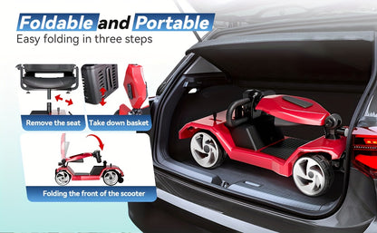 Foldable 4-Wheel Electric Scooter for Seniors with 16-Mile Range, 250W Motor & 15 km/h Speed - Heavy-Duty Metal Frame, LED Headlight & Removable Storage Basket, Lightweight Portable Design Fits in Car Trunk, All-Terrain Tires