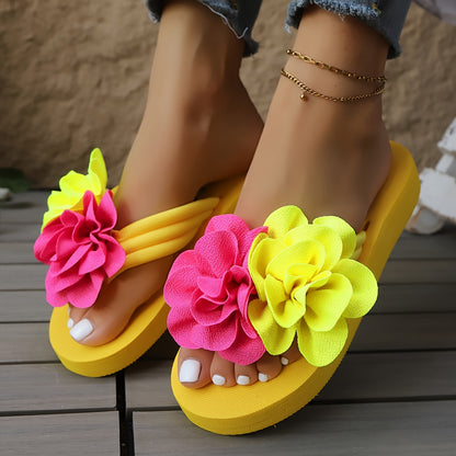 Women's Slip-On Floral sandal - Slipresistant Rubber Sole, Pink & Yellow Floral pattern, Cushioned insole - All-Season Beach, Casual, Formal Footwear - Easy-Clean Women's Shoes