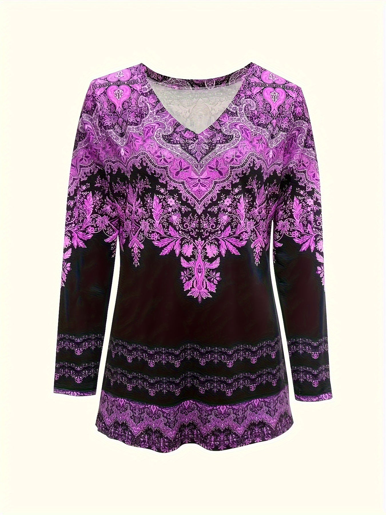 Women'S Plus Size Oversized Loose Fit Long Sleeve V-Neck T-Shirt with All-Over Floral Print - Purple & Casual Elegant Top, All-Season Comfort, Sizes 0XL-32XL, Breathable Everyday Shirt for Women
