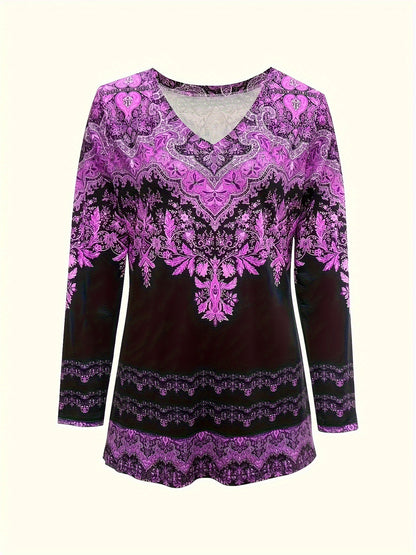 Women'S Plus Size Oversized Loose Fit Long Sleeve V-Neck T-Shirt with All-Over Floral Print - Purple & Casual Elegant Top, All-Season Comfort, Sizes 0XL-32XL, Breathable Everyday Shirt for Women