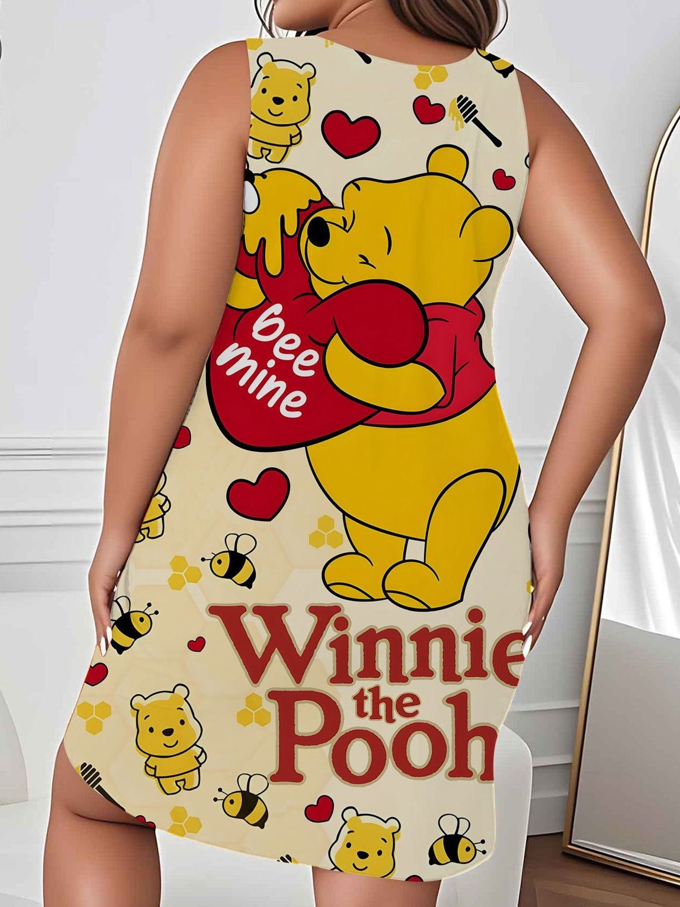 Disney Winnie The Pooh Dress With Winnie The Pooh And His Friends Pattern Plus Size Soft And Comfortable Sleeveless Beach Dress, Round Neck, Cartoon Print, Cool Summer Dress, Casual Nightgown | Sleeveless Pajamas | Comfortabl