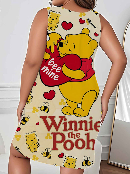 Disney Winnie The Pooh Dress With Winnie The Pooh And His Friends Pattern Plus Size Soft And Comfortable Sleeveless Beach Dress, Round Neck, Cartoon Print, Cool Summer Dress, Casual Nightgown | Sleeveless Pajamas | Comfortabl