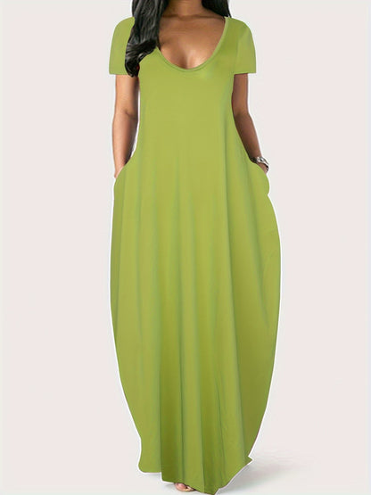 Solid Simple Dress, Casual Short Sleeve Maxi Dress With Pockets, Women's Clothing
