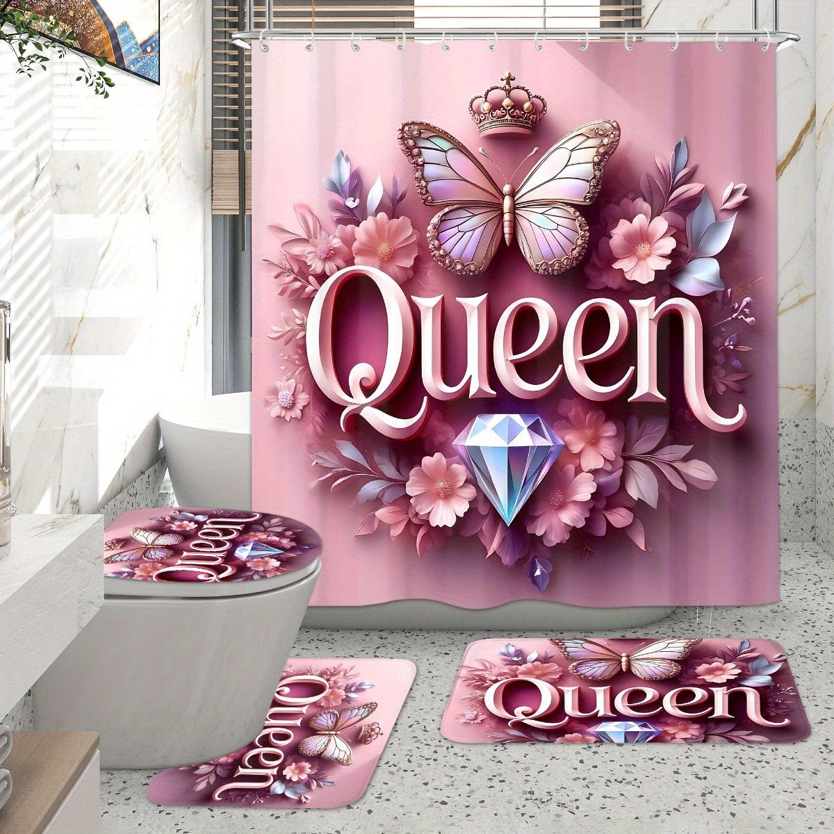 4pcs Queen Pattern Shower Curtain Set, Fashion Bathroom Curtain Set with 12 Hooks Included, Matching Anti Slip Mats & Toilet Covers, Modern Bathroom Accessories Ideal for Home Decor & Housewarming Gift