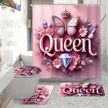 4pcs Queen Pattern Shower Curtain Set, Fashion Bathroom Curtain Set with 12 Hooks Included, Matching Anti Slip Mats & Toilet Covers, Modern Bathroom Accessories Ideal for Home Decor & Housewarming Gift
