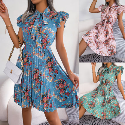 Women'S 2026 Spring Summer Elegant Floral Tie Waist Maxi Flare Pleated Dress | Lightweight, Breathable, Soft, Comfortable, Versatile, Casual Party Dating Daily Going Out Dress, Sleeveless, Crew Neck, Regular Fit