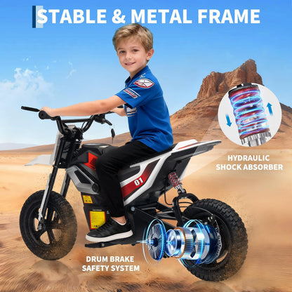 24V 350w Kids Motorcycle, 13. 67 Mph Max Speed Kids Electric Bike, Dirt Bike with Rear Wheel Suspension, Music, 12 Miles Range, Twist Grip Throttle, Metal Suspension, Rubber Tire, Leather Seats