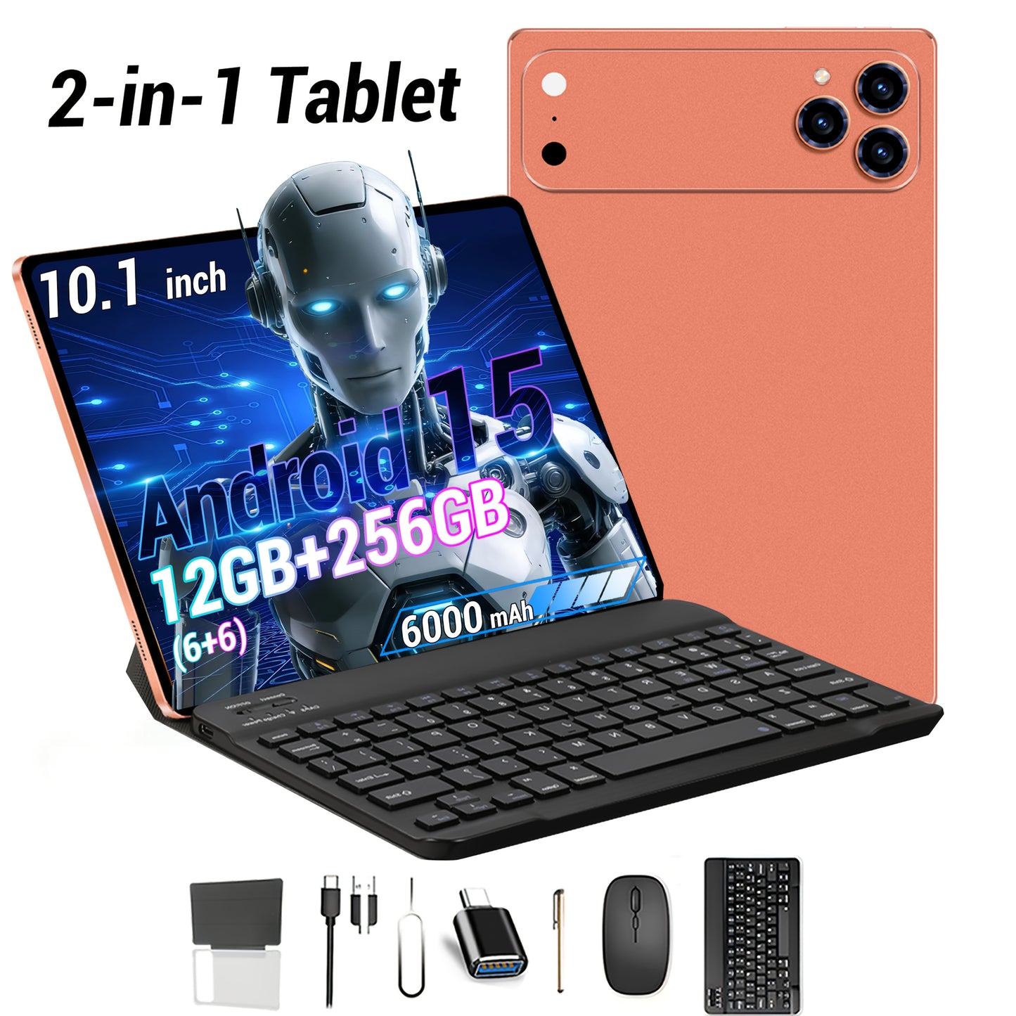 2-in-1 Tablet with Android 15 | 10.1-inch Display, 256GB Storage, 6000mAh Battery, Dual Cameras (5MP+16MP), 5G WiFi, Includes Mouse Keyboard, Protective Case, Stylus, Full HD IPS Display, Tablet, Pad, Tablet, Pad