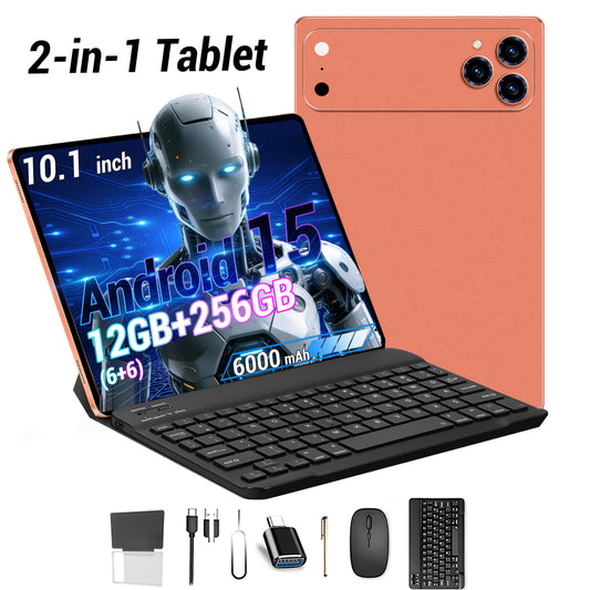 2-in-1 Tablet with Android 15 | 10.1-inch Display, 256GB Storage, 6000mAh Battery, Dual Cameras (5MP+16MP), 5G WiFi, Includes Mouse Keyboard, Protective Case, Stylus, Full HD IPS Display, Tablet, Pad, Tablet, Pad