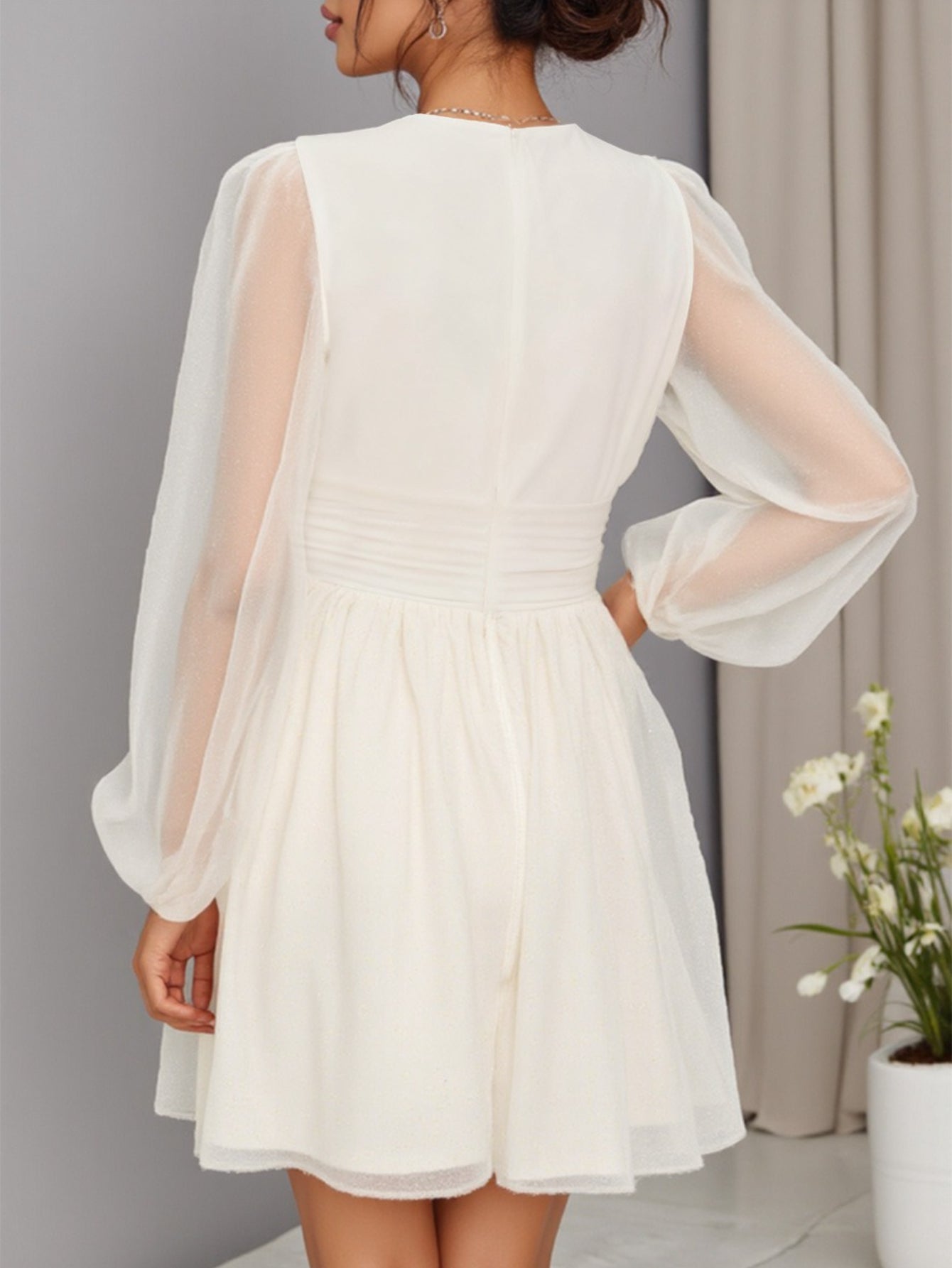 Women's White Mesh Formal Gown - A-Line Dress with Bubble Sleeve & Square Neck - Fitted Waist-Cinching Short Party Dress - Short Train-like for Weddings, Prom, Dates - Breathable Semi-Sheer (Machine Washable)
