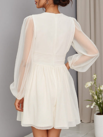 Women's White Mesh Formal Gown - A-Line Dress with Bubble Sleeve & Square Neck - Fitted Waist-Cinching Short Party Dress - Short Train-like for Weddings, Prom, Dates - Breathable Semi-Sheer (Machine Washable)
