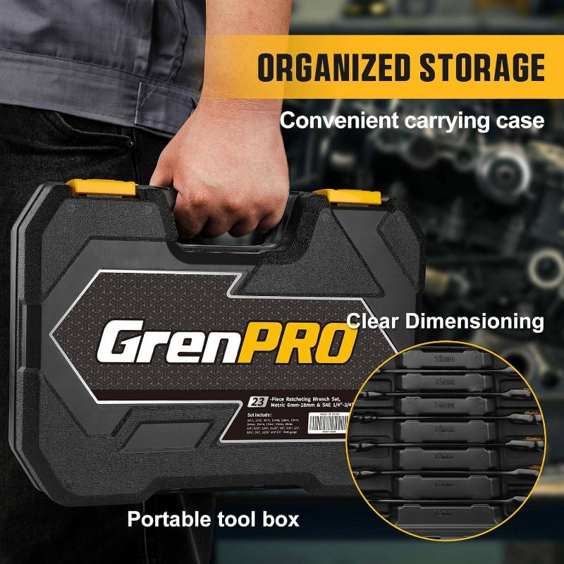 23pcs SAE Metric & Standard Ratcheting Wrench Set with Organizer Box - 1/4" to 3/4" Drive, Electrophoretic Coating, Open End Wrenches for Mechanics, Automotive Repair Tools, Mechanic Tool Set|Ratcheting Wrenches|Durable Const
