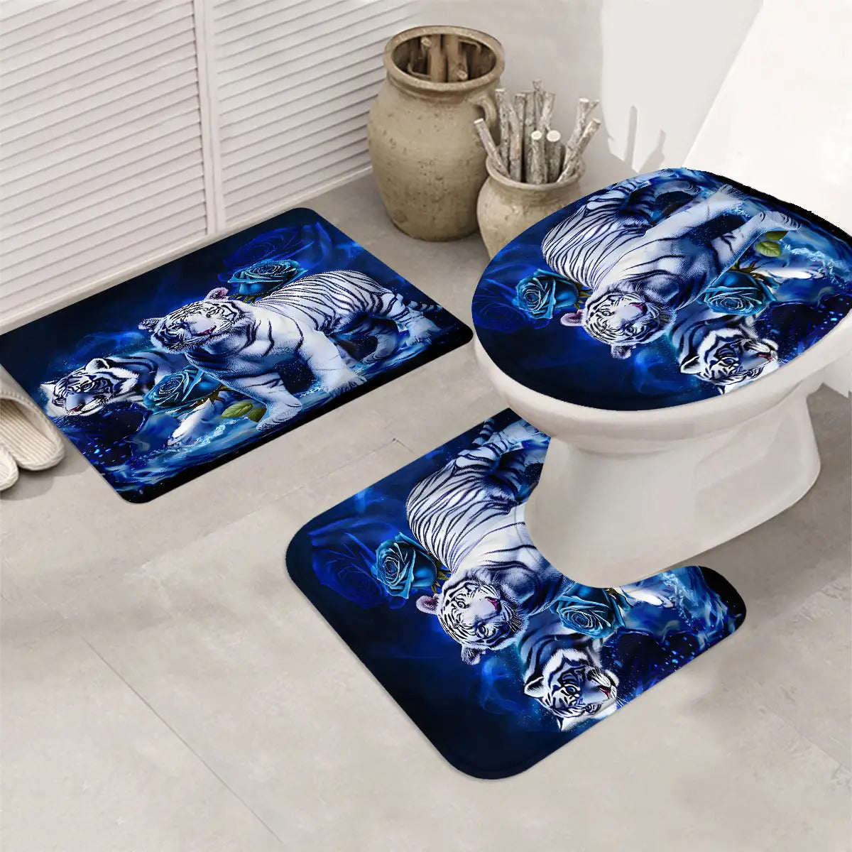 4pcs White Tiger & Blue Rose Bathroom Set - Wet/Dry Shower Curtain System with Non-Slip Mats, Toilet Lid Cover & U-Shaped Mat, 12 Hooks - Luxury Animal Print Bath Decor (Machine Washable, All-Season Use)