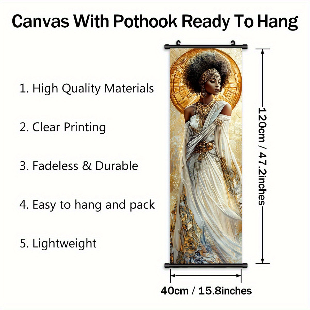 2D Flat, 2D/FLAT-3pcs Egyptian Goddess Plastic Scroll/ Scroll Painting, Sacred and Elegant Style Decorative Painting, White Dress Golden Ornament Halo Wings Element, Geometric Golden Pattern Background, Suitable for Living Ro