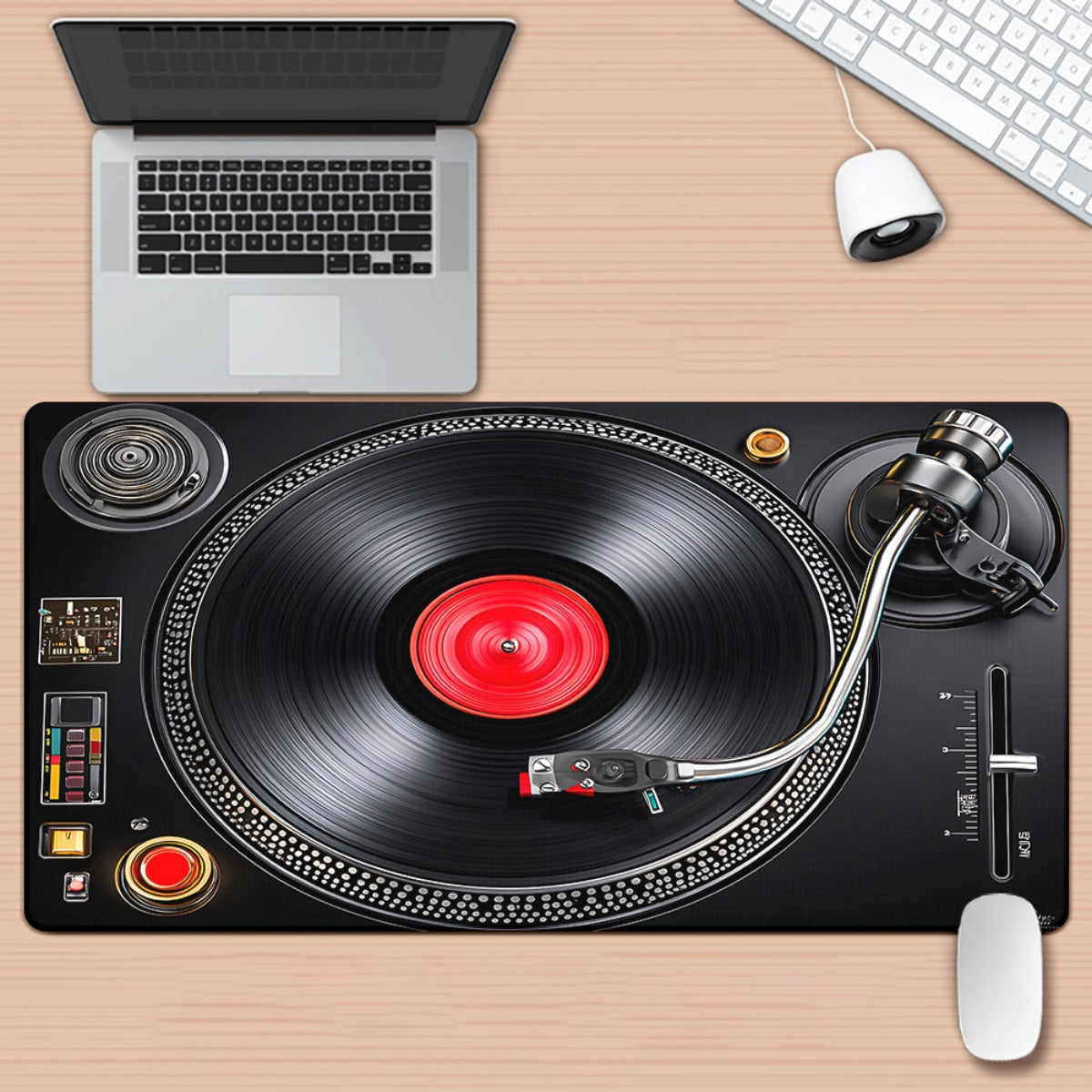 1pc XXL Large Vinyl Record Desk & Mouse Pad - Non-Slip DJ Turntable Design with Vinyl Grooves, Retro Music Studio Theme for Gaming/Office Computer, Compatible with PC/Laptop (Realistic DJ Setup Accessory)