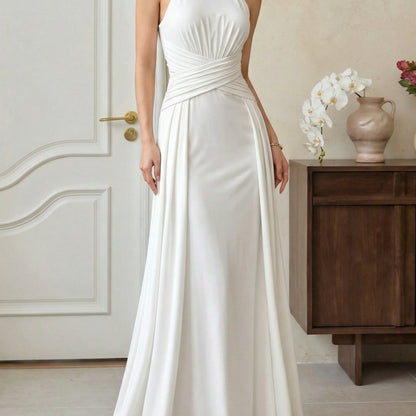 Women'S Spring And Summer Halter Neck, Stand Collar, Waist-Fitted Long Dress | Elegant Solid Color, Suitable For Evening Parties And Upscale Social Events
