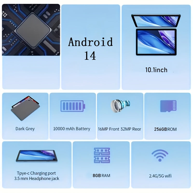Android Tablet Gray Purple, 10.1-inch 2-in-1 Tablet, 256GB Storage ROM, 8GB, 2KHD Supports WiFi Android 14, 10000mAh, 2560 * 1600 Resolution 16MP+32MP Dual Camera, Suitable for Online Courses, Work Games, Entertainment